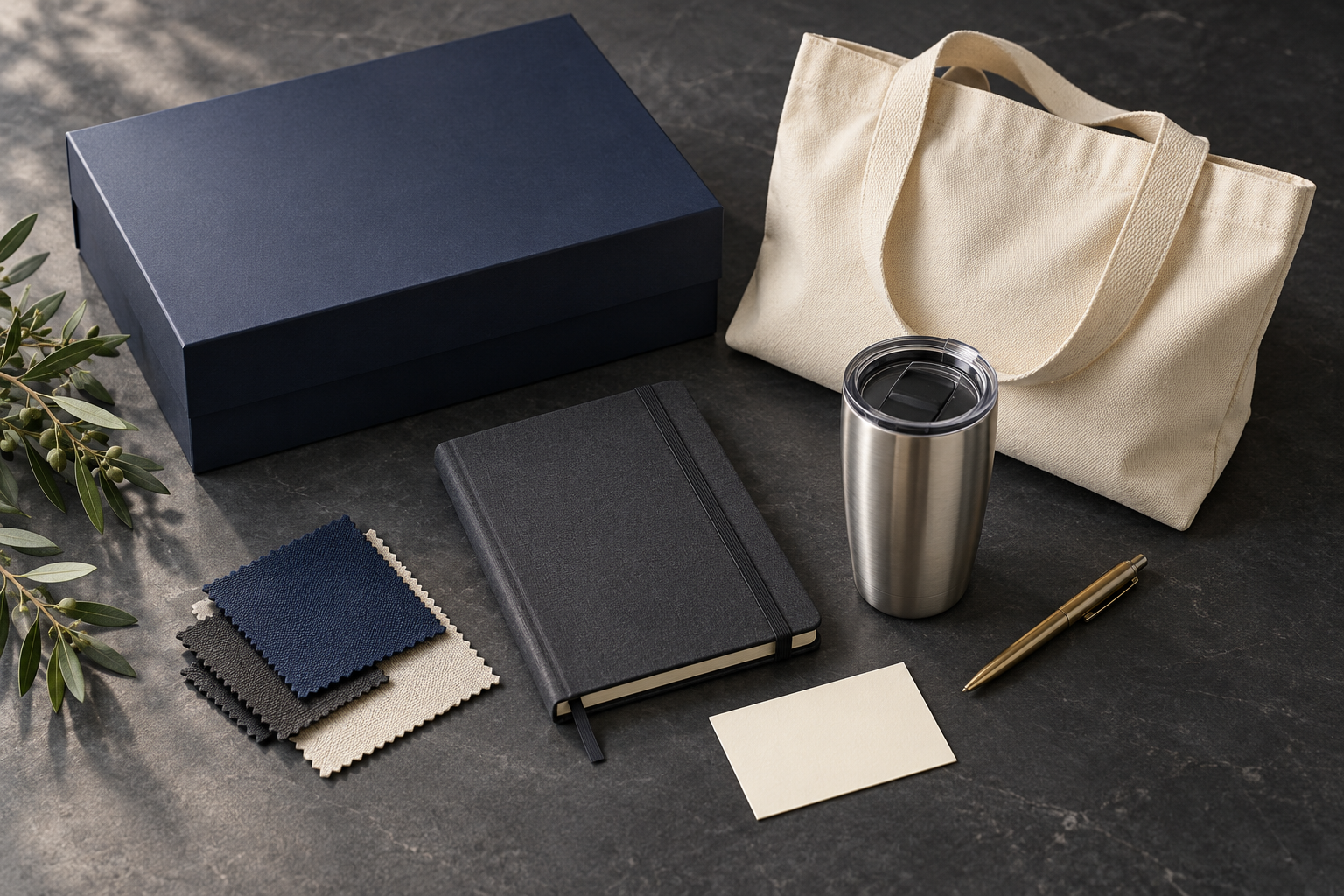 AI-generated gift kit concept with tote, notebook, tumbler and presentation box
