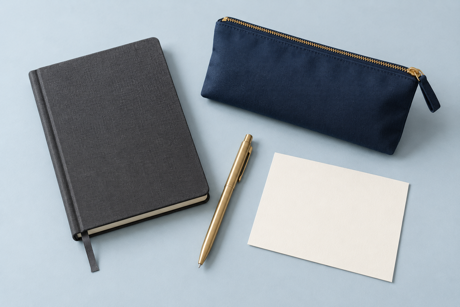 AI-generated welcome kit concept with notebook, pen, pouch and card